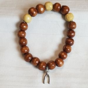 Wood Bead Silver Charm Wishbone Bracelet